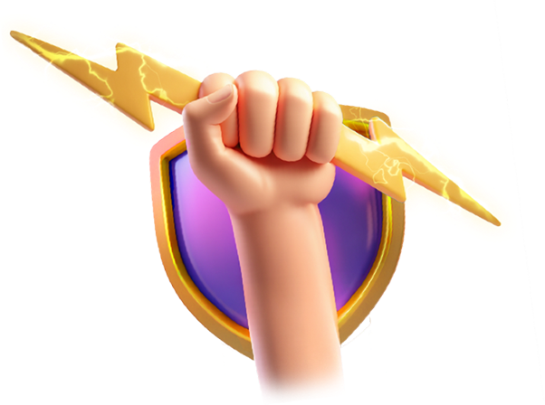 Closed fist holding a lightning bolt over a shield